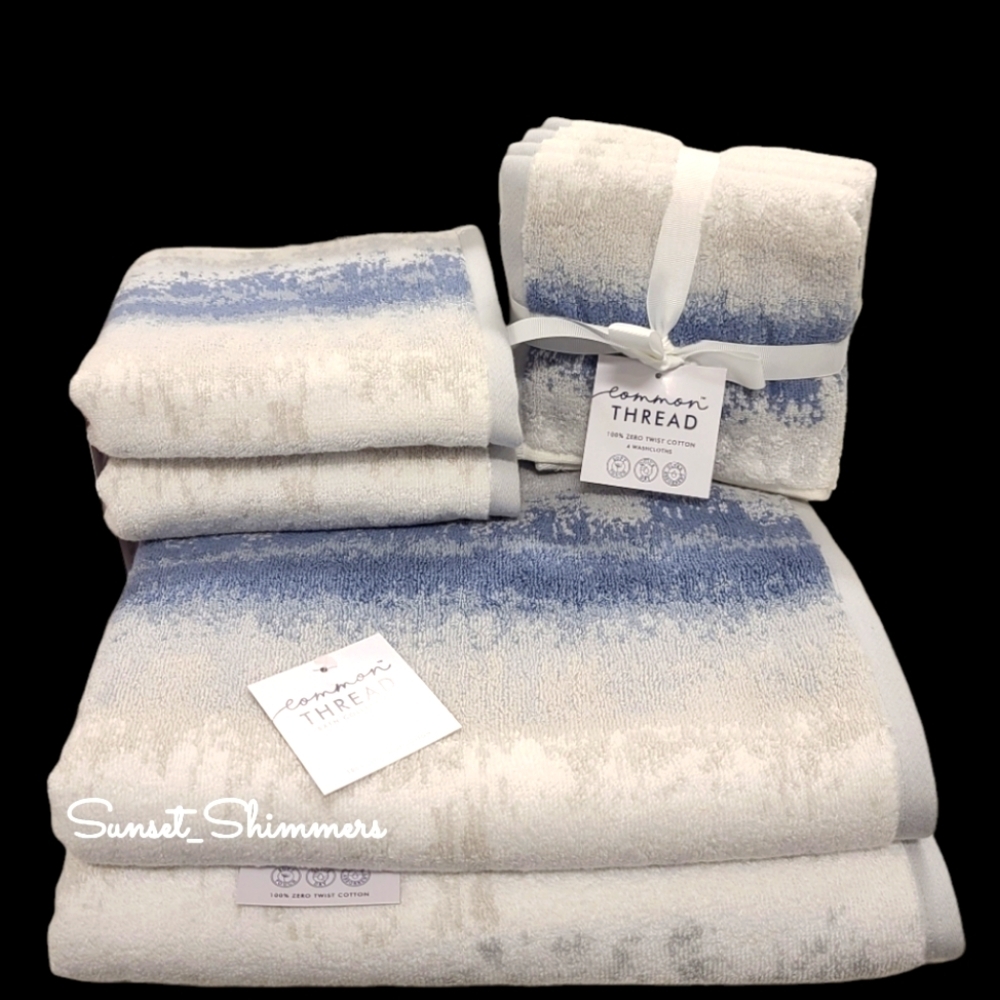 8pc Common Thread 100% Zero Twist Bath Hand Washcloth Towel Set Gray Blue Ombre